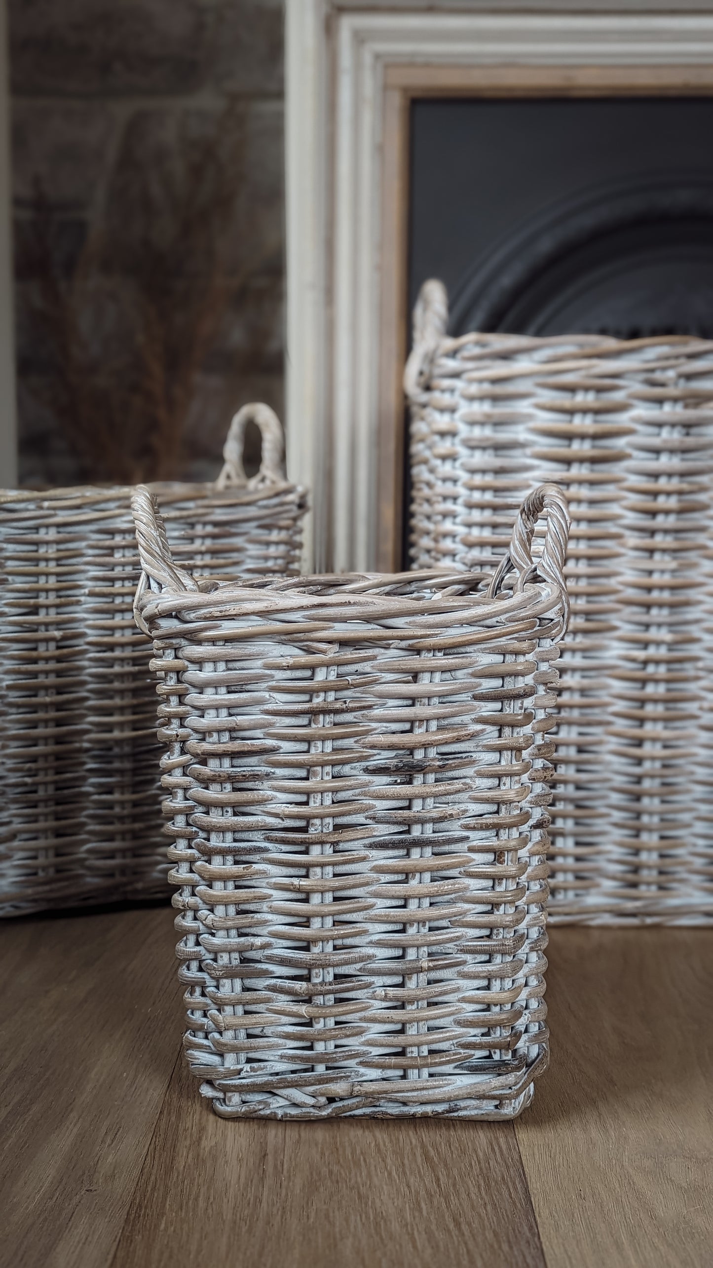 Whitewash Wicker Rattan Square Baskets